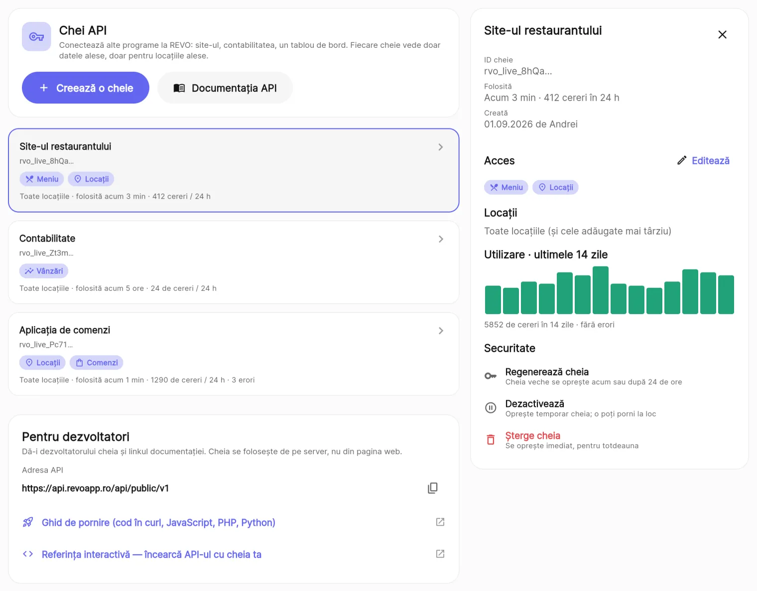 REVO, Setări → Chei API pe calculator: trei chei (Site-ul restaurantului, Contabilitate, Aplicația de comenzi), fiecare cu ce poate vedea și cât e folosită, iar alături detaliile unei chei: acces, locații, utilizarea pe 14 zile și butoanele Regenerează, Dezactivează și Șterge.