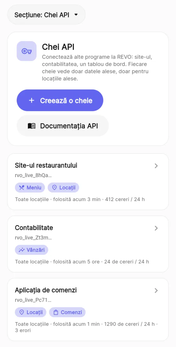 Setări → Chei API pe telefon: butonul Creează o cheie și cheile, una sub alta, fiecare cu ce poate vedea.